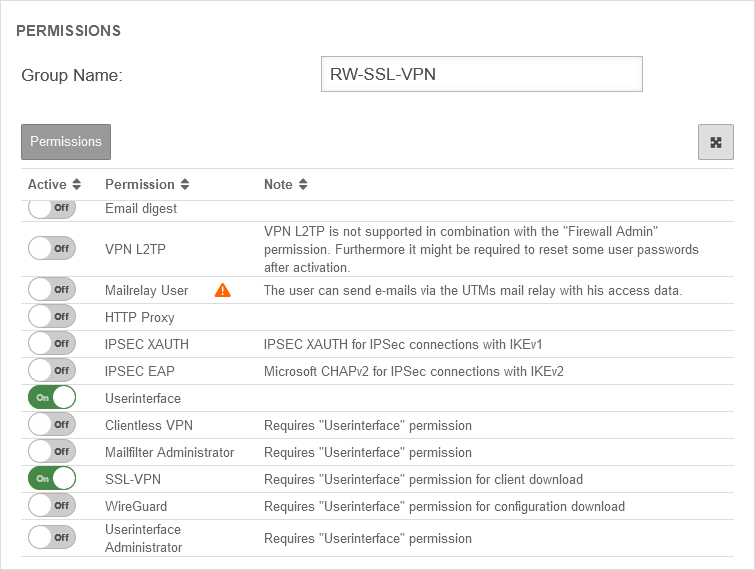 Datei:UTM v12.6 SSL-VPN Roadwarrior Gruppe hinzufuegen Berechtigung-en.png