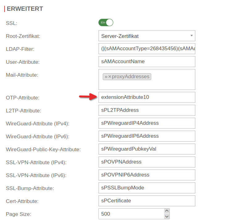 Datei:UTM v12.6 Auth AD-LDAP Erweitert OTP-Attribute.png