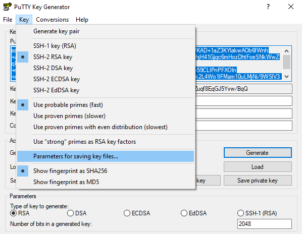 PuTTY Key Generatir - Key - Parameters for saving key files.png